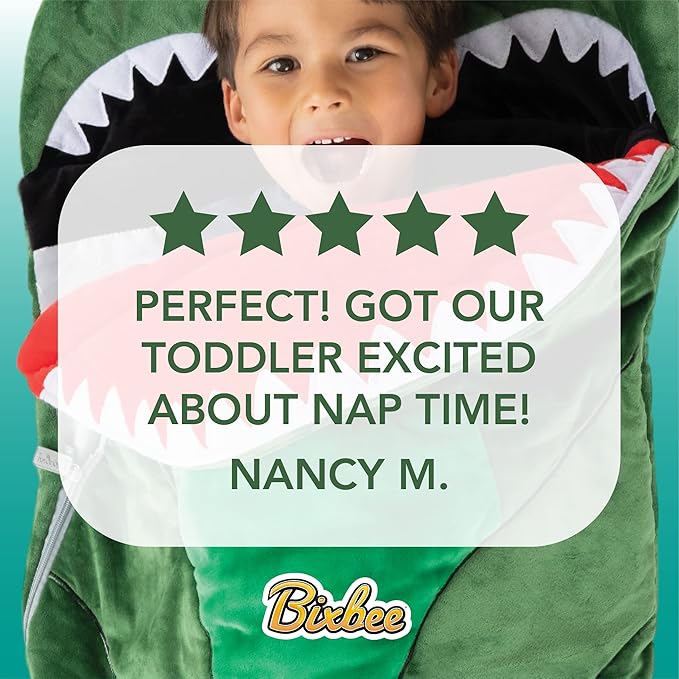 Bixbee Kids Dinosaur Sleeping Bag for 3+, 60 x 22 Inches, Soft Toddler Slumber Bag with Carrying Handle | Machine Washable for Naptime, Daycare