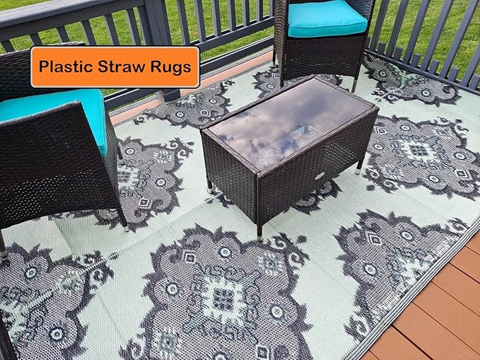 BalajeesUSA Recycled Outdoor Plastic Patio Rugs – 6x9, Grey, Green, Black, Premium and Affordable Multipurpose Woven Plastic Straw All-Weather and Waterproof, Reversible Camper Mats Outside