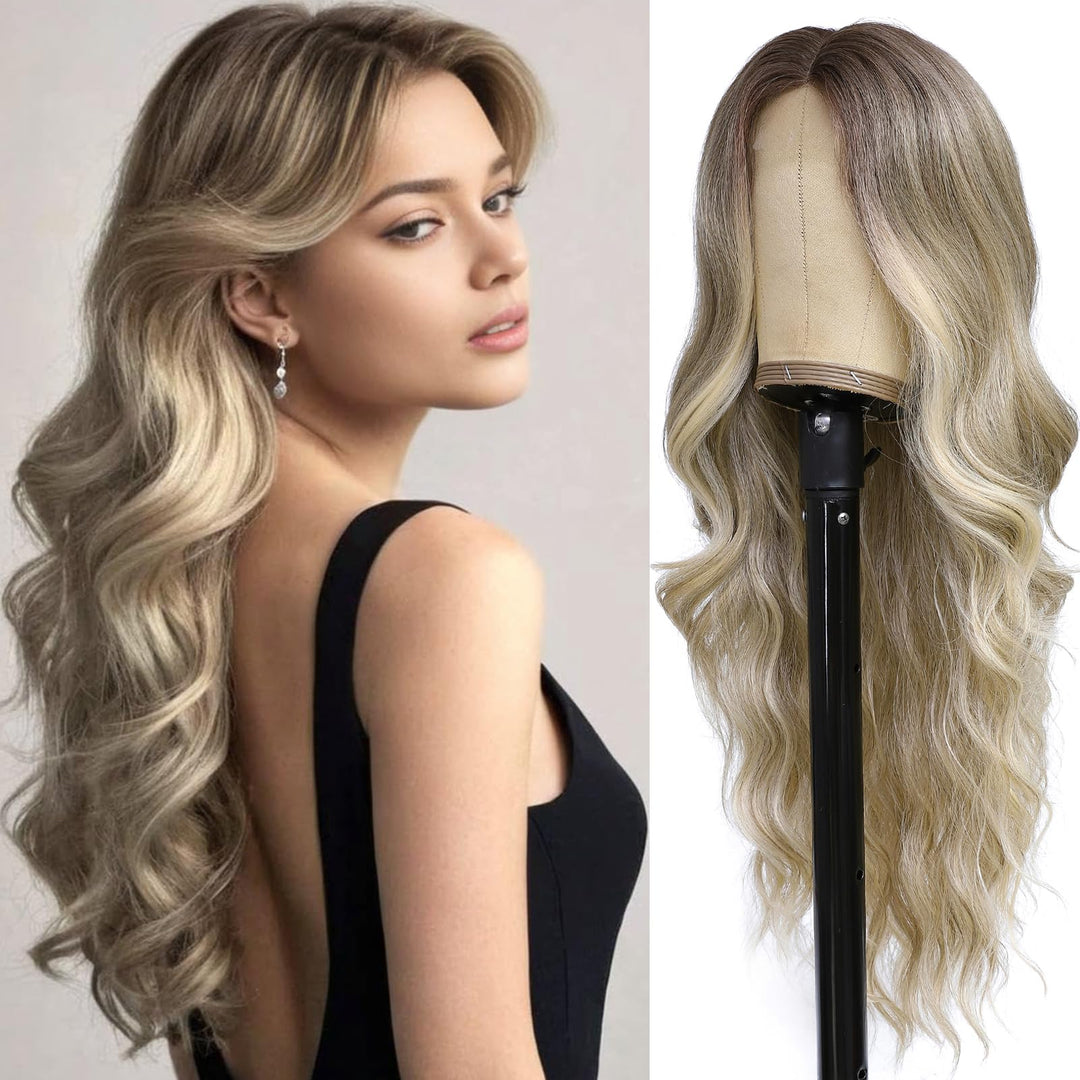 Ombre Ash Blonde Wigs For Women 26 Inch Long Middle Part Curly Wavy Wig Dark Roots Natural Looking Synthetic Body Wave Wig For D
