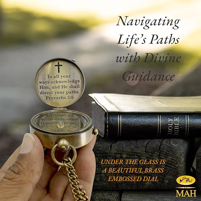 Handmade Religious Compass – “God is with You” Engraved Working Brass Gift – Christian Baptism, Confirmation, Christening or First Communion Keepsake for Boys, Teens & Men – Guided by Faith