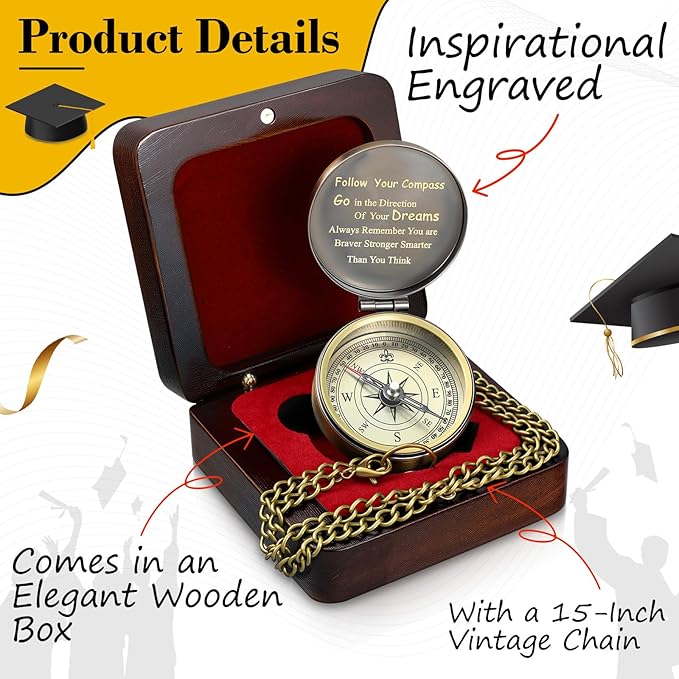 Compass Gift Set Engraved Compass with Chain Souvenir Present Bracelet with Greeting Card Walnut Wooden Box Gift Box for Women Men Friends Party Souvenir Favors