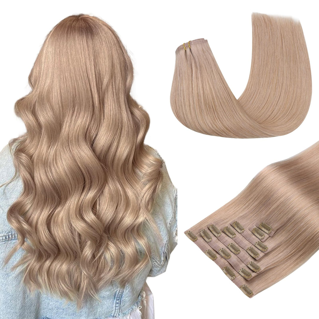 Maxita Clip In Hair Extensions Real Human Hair,130G 7Pcs Platinum Blonde Bronde 18 Inch,Remy Clip In Hair Extensions Seamless Cl