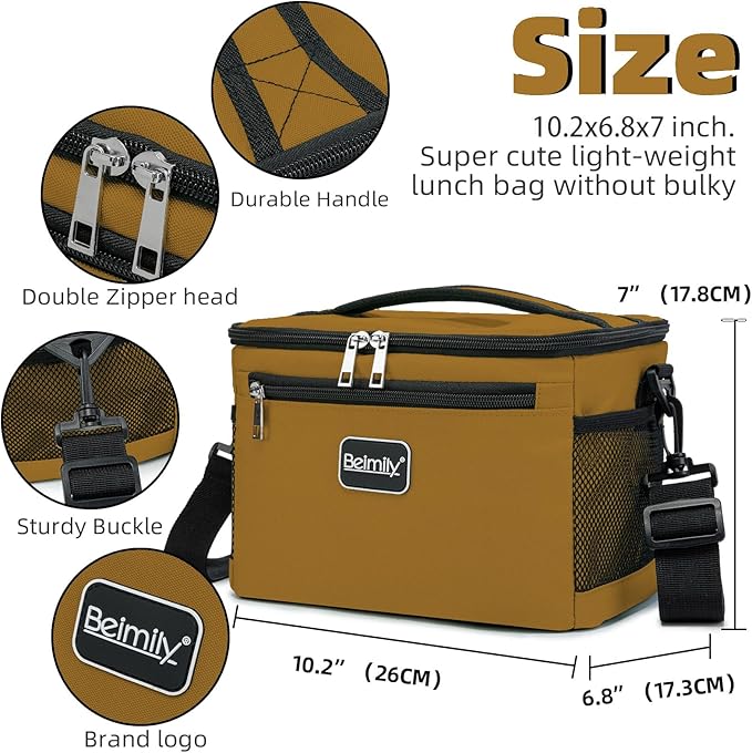 BEIMILY Lunch Box for Men/Women,Small Insulated Lunch Bag,Reusable LunchBox for work Picnic Hiking Beach,Leakproof Soft Cooler Tote Bag Organizer with Adjustable Shoulder Strap for Adults(Brown)