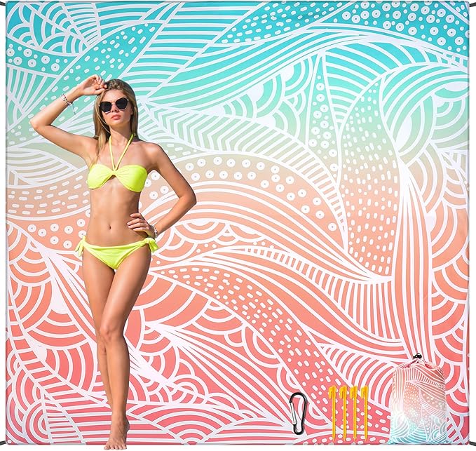 Beach Blanket Waterproof Sandproof Beach Mat 79”x 83” for 1-4 Adults Quick Drying Durable Outdoor Picnic Mat for Beach Festival Travel Camping Hiking (Gradiant P&GN-Ripple, 79"×83"(4 Person))