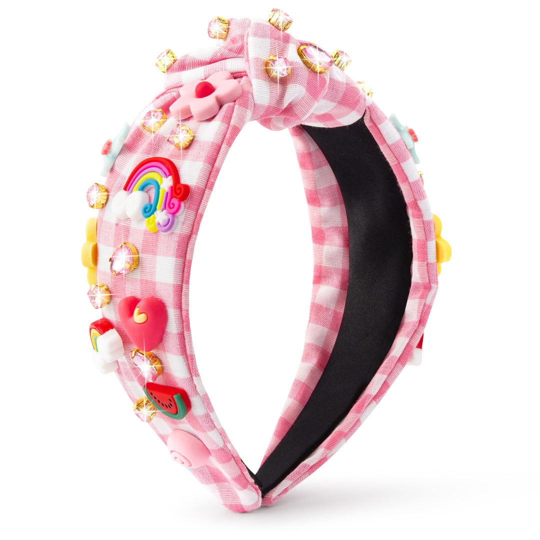 PANTIDE Floral Jeweled Knotted Headband - Rainbow Rhinestone Crystal Embellished Headband Non Slip Wide Top Knot Fashion Hairband Accessories Spring Summer Birthday Gift for Women Girls (Pink Plaid)