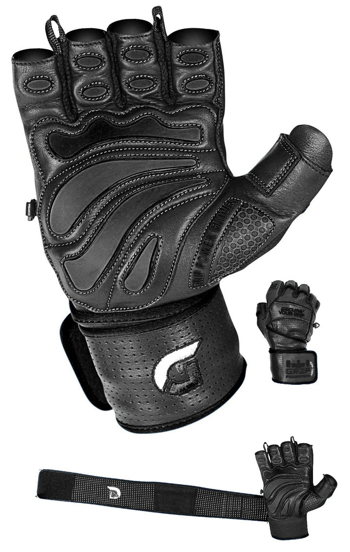 Elite Leather Gym Gloves with Built in 2" Wide Wrist Wraps Best Leather Glove Design for Weight Power Lifting Bodybuilding & Strength Training Workout Exercises (Black, Medium)