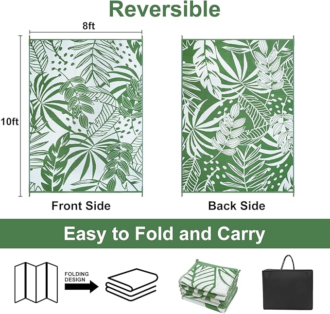 Anidaroel Leaf Outdoor Rugs 8x10ft for Patios Clearance Waterproof, Reversible Tropical Plastic Straw Camping Mat Outside Area Rug for RV, Backyard, Deck, Balcony, Picnic, Beach(Green,8'x10')