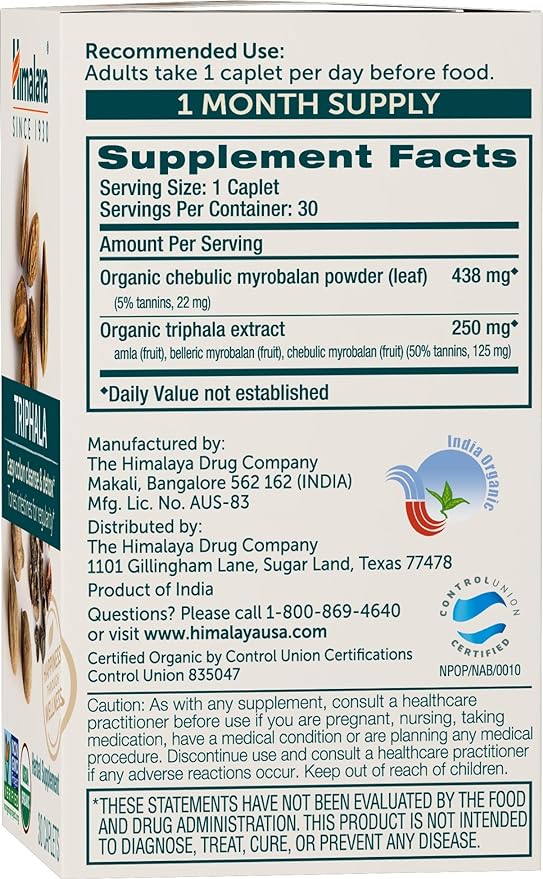 Himalaya Organic Triphala Herbal Supplement for Colon Cleansing, Supports Regularity, Occasional Bloating, Waste Elimination, USDA Organic, Non-GMO, Vegan, 688 mg, 30 Plant-Based Caplets