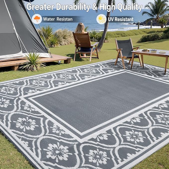 Plastic Outdoor Rug 6'x9' Waterproof Camping Carpet Outside Area Rug Reversible Grey Rugs for RV Deck Entryance Porch Picnic Balcony Beach