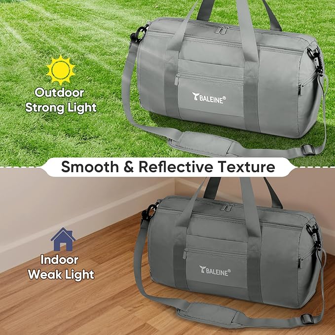 BALEINE Gym Bag for Women and Men, Small Duffel Bag for Sports, Gyms and Weekend Getaway, Waterproof Dufflebag with Shoe and Wet Clothes Compartments, Lightweight Carryon Gymbag (Silver)