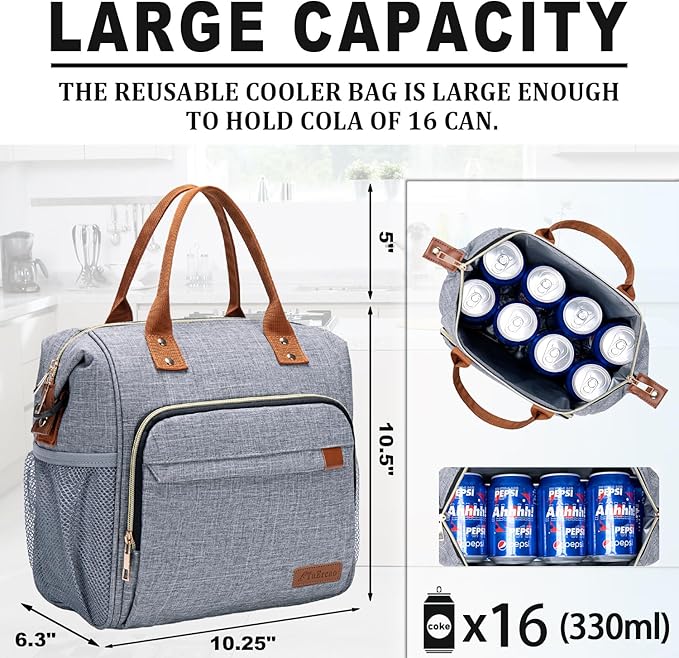TuErCao Adult Lunch Box - Insulated Lunch Bag Women for Work, Soft Cooler for Beach Travel Picnic, Ladies Lunch Tote Bag for Office, Grey