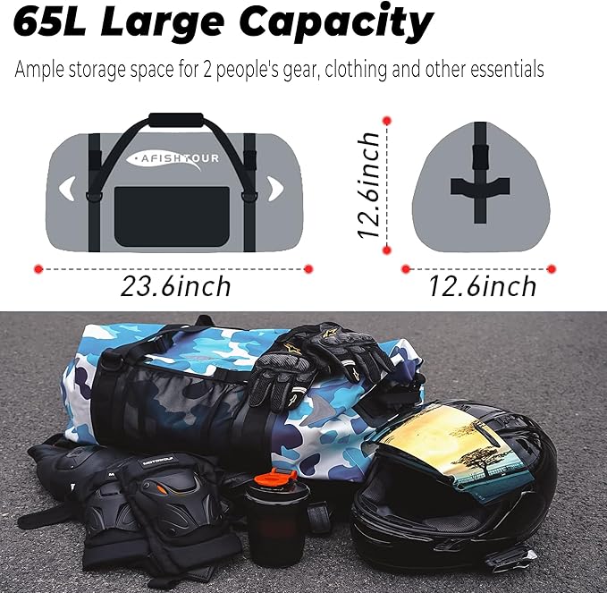 65L Waterproof Duffel Bag for Men and Women - Large Motorcycle Duffle Bag with Straps for Back Seat - Roll Top Dry Bag for Kayaking, Rafting, Boating, Swimming, Beach