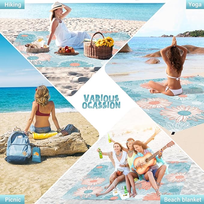 Beach Blanket Waterproof Sandproof 1-7 Adult Oversized 78 '' × 110 '' Lightweight Durable Compact Sand Free Beach Mat for Travel Camping Hiking Picnic Blanket Extra Large