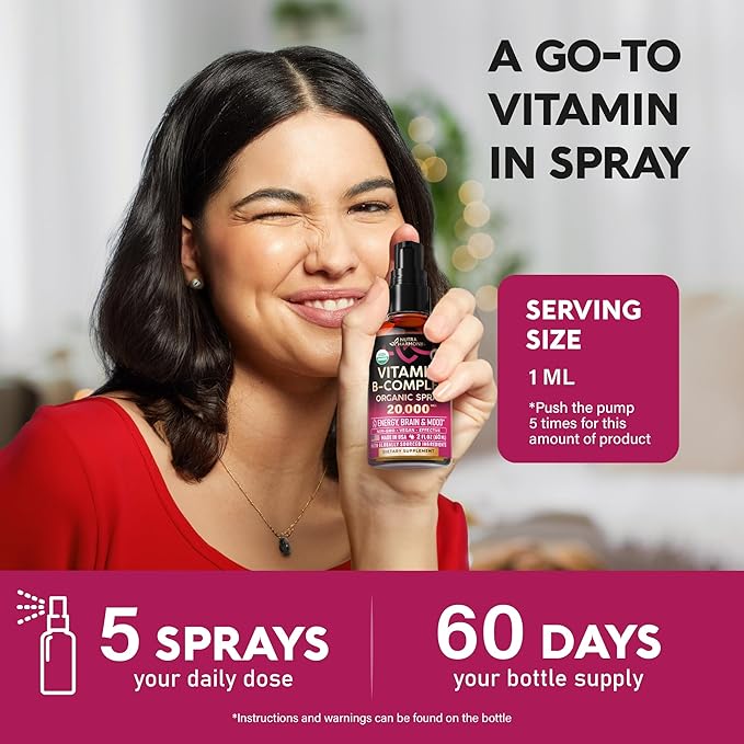 USDA Organic Vitamin B-Complex Liquid Spray 8-in-1 - B5 Pantothenic Acid | B12 Methylcobalamin | B1 Thiamine | B6 Pyridoxine | B7 Biotin | B9 Folic | B3 Niacinamide - Made in USA Supplement, 2fl oz