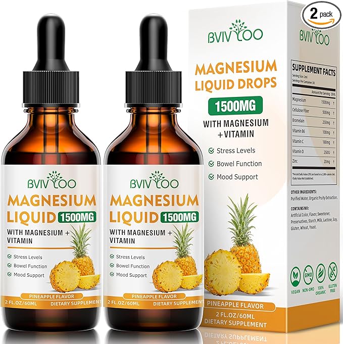 2 Pack Magnesium Glycinate Liquid, High Absorption Magnesium Liquid Drops with Cellulose Fiber, Bromelain, Vitamins B6 C D & Zinc, Magnesium Supplement for Adults & Kids, Pineapple Flavor