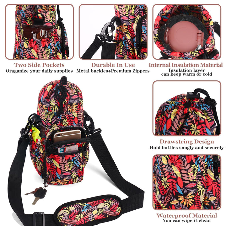 FCQQYWZ Water Bottle Holder with Strap, 32/40oz Water Bottle Bag Crossbody Insulation Water Bottle Holder with Adjustable Shoulder Strap, 4 Pockets for Walking,Camping,Hikingand Fishing (Leaf)