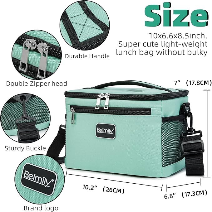 BEIMILY Lunch Box for Men/Women,Small Insulated Lunch Bag,Reusable LunchBox for work Picnic Hiking Beach,Leakproof Soft Cooler Tote Bag Organizer with Adjustable Shoulder Strap for Adults (Green Mint)