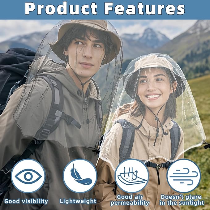 2 Pack Ultra Large Mosquito Net 42x25 Inches Mosquito Head Net Oversized Insect Netting Bug Fits Most Hats for Gardening Hiking Fishing Traveling(Gray+White)