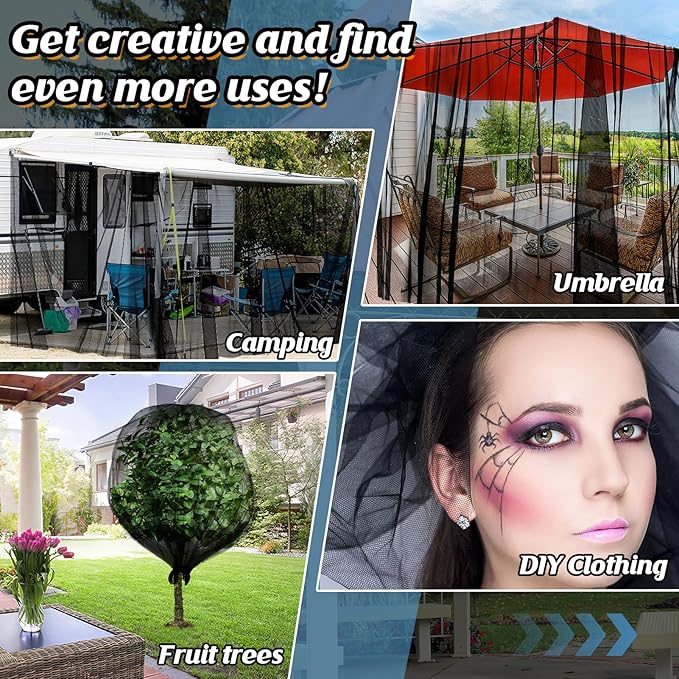 Mosquito Net for Patio - 10Ft x 65Ft for Each Garden Mesh Screen Barrier, Super Dense Patio Netting for Balcony Porch Umbrella Fruit Tree Gazebo Canopy RV Camping, Black