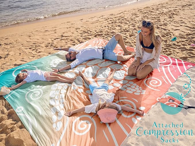 WEKAPO Beach Blanket Waterproof Sandproof Oversized Extra Large Sand Free Beach Mat with Stakes, Storage Bag - Essentials for Outdoor Beach, Picnic (Sea Turtle, 8 X 7 FT (1~4 Person))