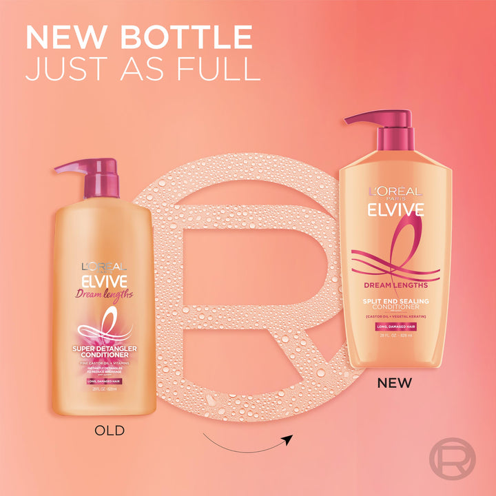 L'Oreal Paris Elvive Dream Lengths Super Detangling Conditioner With Fine Castor Oil and Vitamins B3 and B5 for Long, Damaged Hair, Instantly Detangles To Reduce Breakage With System, 28 Fl Ounce