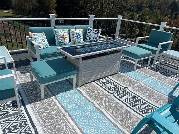 BalajeesUSA Outdoor Plastic Patio Rugs – 5x7, Grey, Teal Multipurpose Reversible mats Woven Plastic Straw All-Weather and Waterproof Rug Camper Mats Outdoor