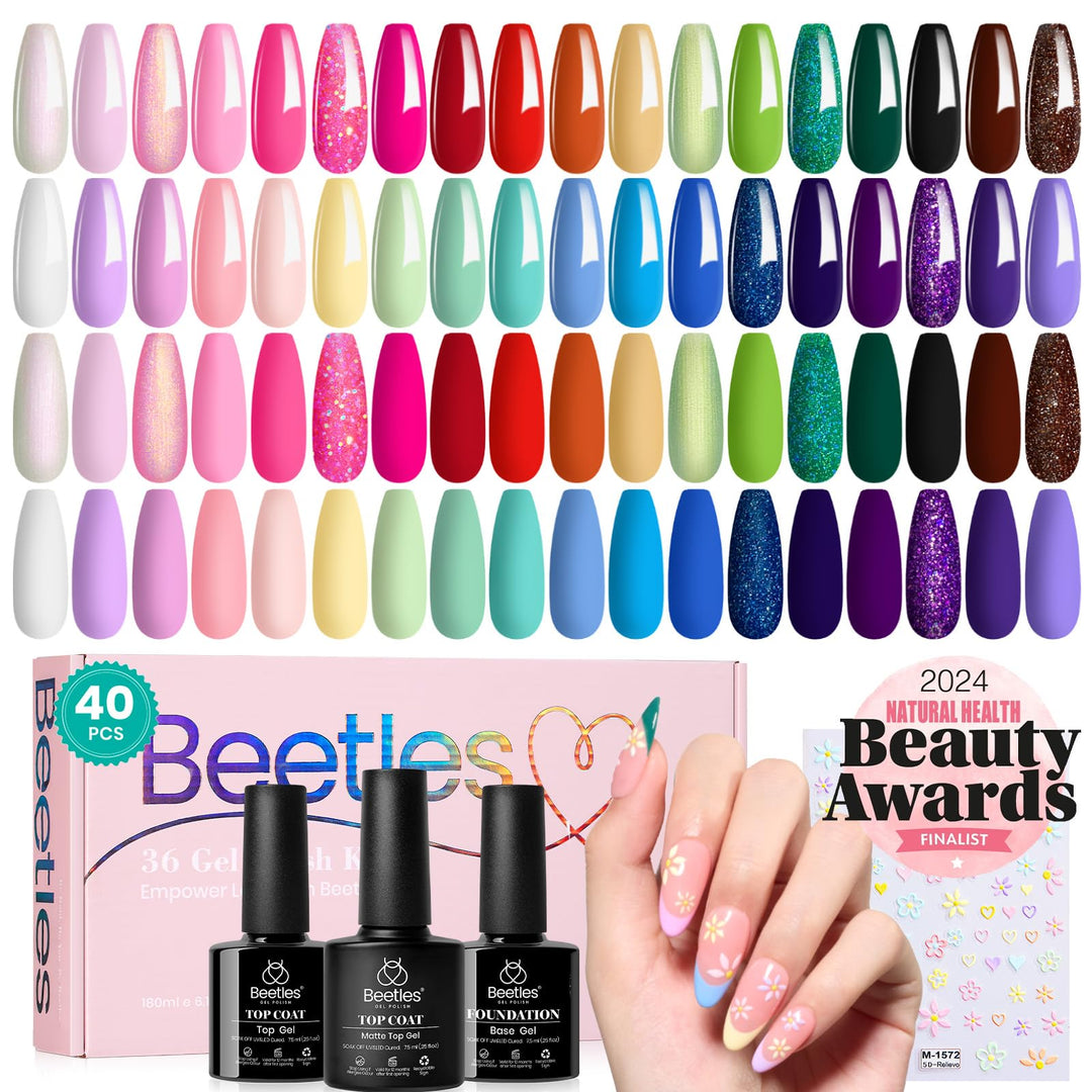 beetles Gel Polish Set 36 Colors Verse of Flower Collection Valentine Gel Nail Polish Pink Red Green Blue Purple Gel Polish with 3Pcs Base Top Coat Soak off UV Gel & Nail Art Stickers Gifts for Women