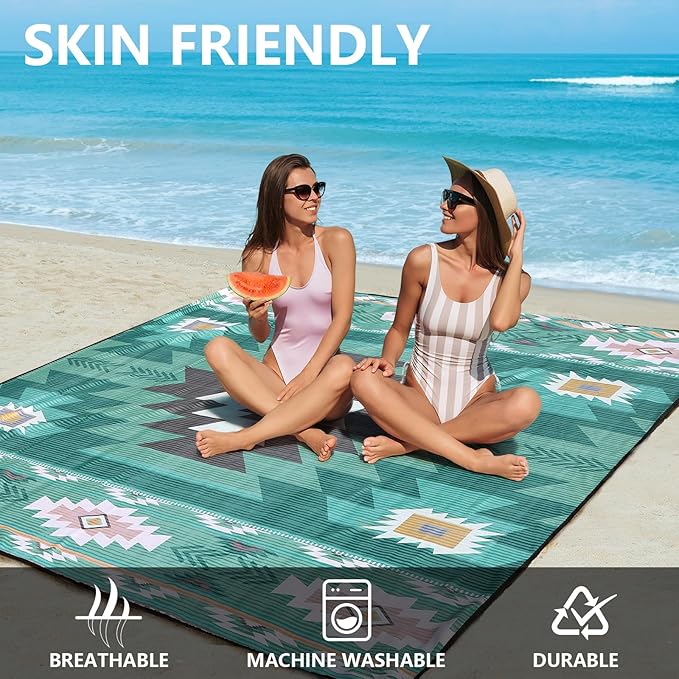 Beach Blanket, Sandproof Beach Mat, Waterproof Quick Drying Lightweight Outdoor Aztec Picnic Mat 79" X 83" for 2-4 Adults with Pocket for Travel, Camping, Hiking