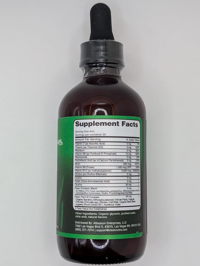 Vitamin B Complex Liquid Drops | Thiamine B1, B6, B2, B3, B4, B5, B7 B9, B12, Niacinamide, Paba, Choline Inositol Taurine Probiotics Beet Root Spirulina - Plant-B Vitamin Supplements by Clean Nutra