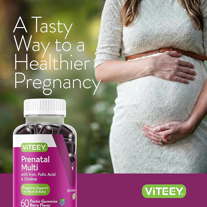 Viteey Prenatal Multi with Iron, Folic Acid & Choline Gummies - Prenatal Multivitamin with Iron, Choline and Folic Acid Gummies - Vegetarian, Gluten Free - Chewable Berry Flavored Prenatal for Women