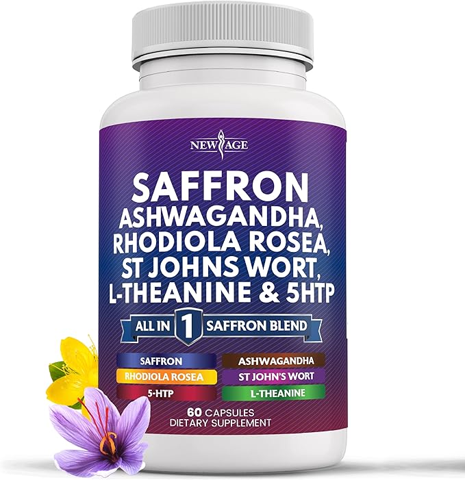 NEW AGE Saffron Supplements with Ashwagandha - Support with L-Theanine, Ginkgo Biloba, St. John's Wort, Rhodiola Rosea & 5-HTP - Saffron 60 Count