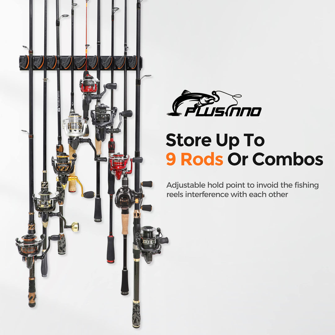 PLUSINNO V9 Vertical Fishing Rod Holders, 4 Packs Wall Mounted Fishing Pole Holders, Fishing Rod Racks Hold Up to 36 Rods or Combos, Fishing Rod Holders for Garage, Fits Most Rods of Diameter 3-19mm