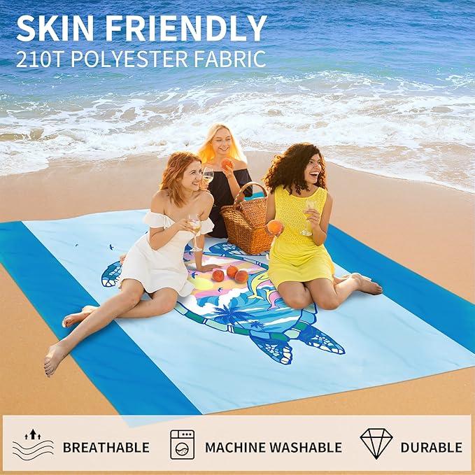 Beach Blanket Waterproof Sandproof 79"x 83" for 1-4 Adults,Quick Drying Beach Mat,Lightweight & Durable,Beach Essentials for Family Beach Camping Travel Picnic(Blue Turtle)