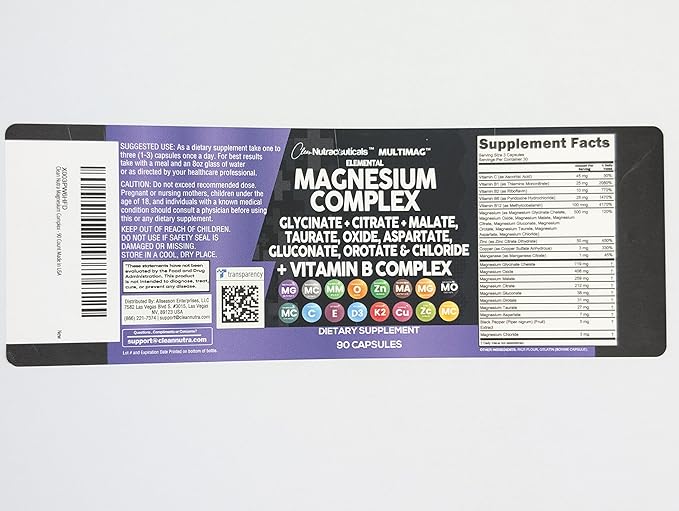 Clean Nutraceuticals Magnesium Complex 2285mg with Magnesium Glycinate Citrate Malate Oxide Taurate Aspartate Orotate & Mag Chloride, Zinc Copper Manganese & Vitamin C B1 B2 B6 B12 Complex - 2Pack