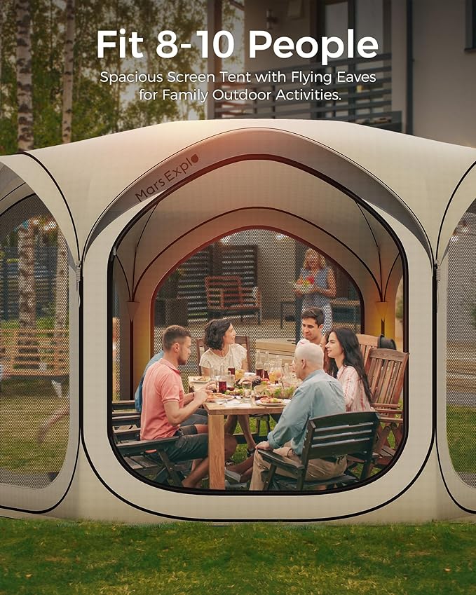 12x12 FT Pop-Up Screen Tent, Portable Screen Room Canopy with Zipper Doors for Patio, Backyard, Deck & Outdoor Activities, Beige