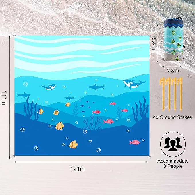 Beach Blanket Waterproof Sandproof, 111x121Inch Sand Free Beach Mat, Quick Drying, Light Weight and Portable Outdoor Picnic Mat for Travel, Camping