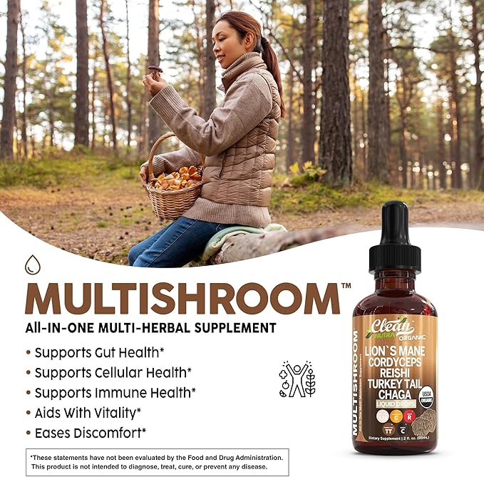 Organic Mushroom Supplement Liquid Drops with Lions Mane Turkey Tail Cordyceps Reishi Chaga Shitake Maitake Tremella Oyster Mushrooms Poria and Enokitake Mushrooms Complex Blend by Clean Nutra