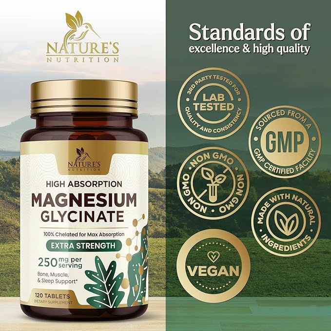 Magnesium Glycinate 250 mg, 100% Chelated Magnesium Supplement - High Absorption Magnesium for Muscle, Heart, Bone and Nerve Health Support, Nature's Gluten Free, Vegan, Non-GMO Capsules - 120 Count