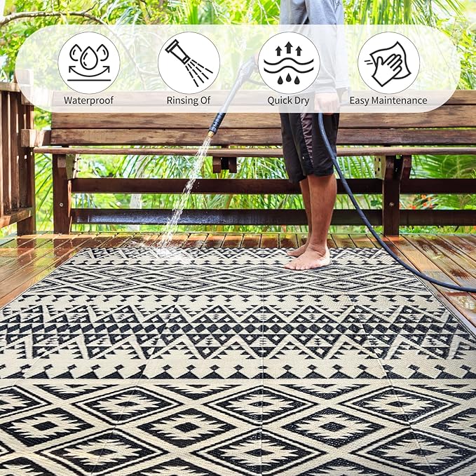 Waterproof Outdoor Rug 5x8ft, Bohemia Reversible Plastic Straw Mat for Patio RV Deck Porch Backyard Balcony Camping Picnic Beach Indoor Outdoor Carpet, Black&Beige