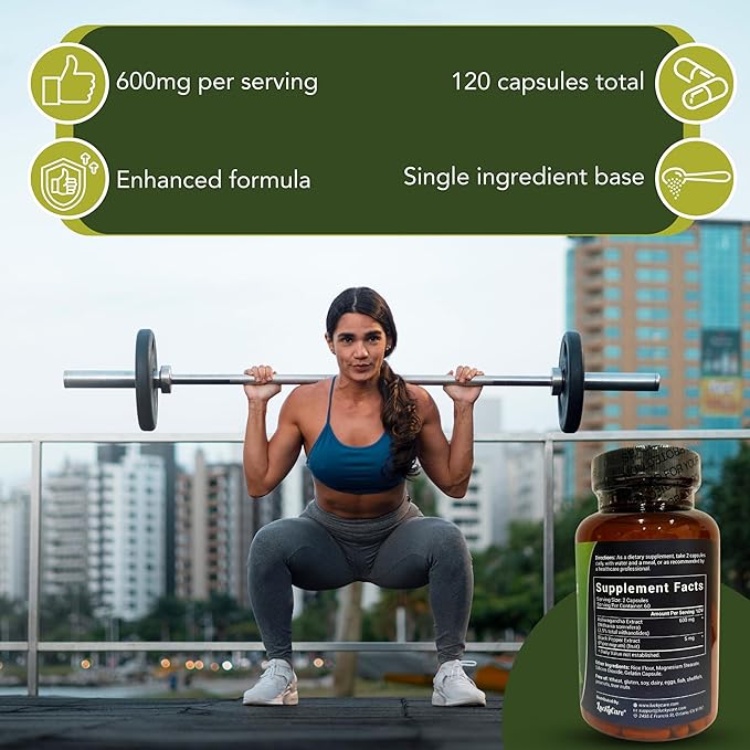 Ashwagandha Extract, Extra Strength Capsules with Black Pepper Extract, Premium Root Extract Formula - Made in USA (600mg, 120 Capsules)