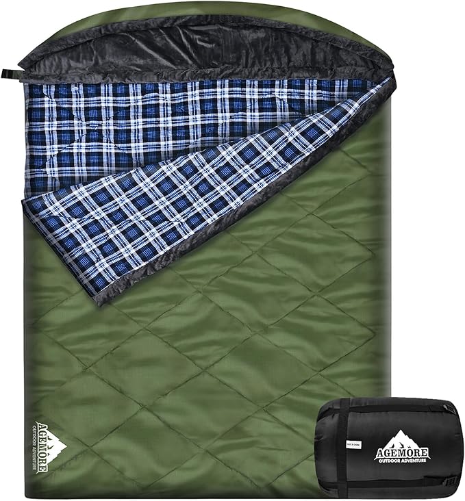 AGEMORE Cotton Flannel Double Sleeping Bag with Fleece Lined Hood, Waterproof Queen Size 2 Person Sleeping Bag for Adults Cold Weather Camping Backpacking or Hiking, 3-4season