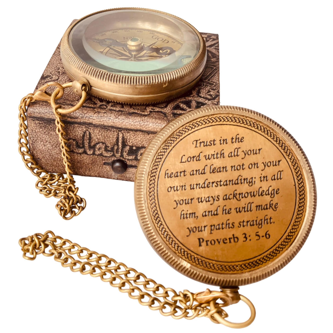 Trust in The Lord with All Your Heart - Proverbs 3: 5-6 Quote Engraved Compass with Wooden Box, Greeting Card, Gift Compass, 2023 Graduation Day Gifts- Baptism Gifts Compass (in Leather Case)