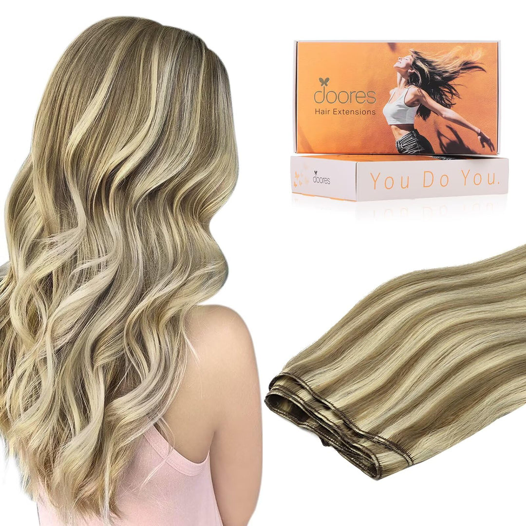 Doores Weft Hair Extensions Human Hair, 20 Inch 100G Light Brown Highlighted Medium Blonde, Sew In Real Hair Bundles, Double Wef