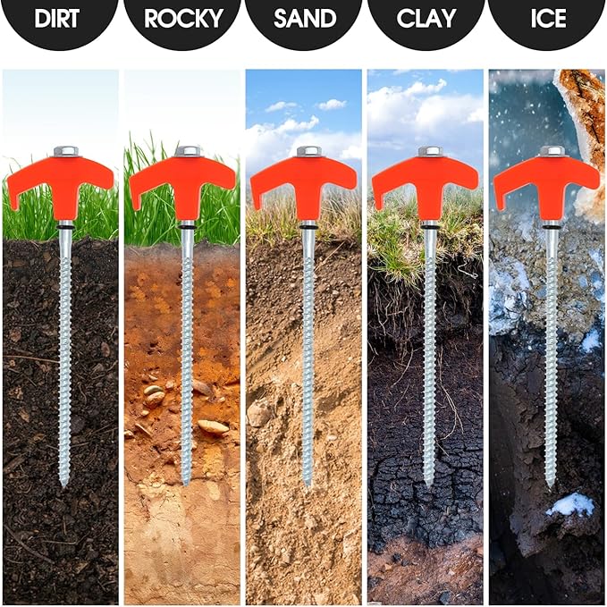8" Screw in Tent Stakes 8PCS - Ground Anchors Screw in, Screw in Tent Stakes Heavy Duty, Galvanized - Tent Pegs Camping Stakes, Metal Threaded Tent Spikes with Hex Head Driver and Storage Bags (4)