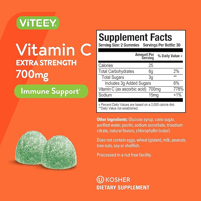 Vitamin C Gummies for Adults & Teens, 700mg Extra Strength - Immune Support Gummies - Immune Booster - Vegan, Gelatin Free -Tasty Vitamin C Chewable Sour Apple Flavored Gummy-60 Count (Pack of 2)