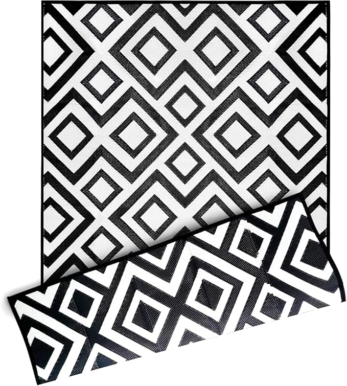 Outdoor Rug Mat for Patio, 9x12ft Waterproof Reversible Plastic Straw Rugs, Camping Carpet Area Mats for RV, Porch, Deck, Backyard, Balcony, Camper, Trailer, Black & White