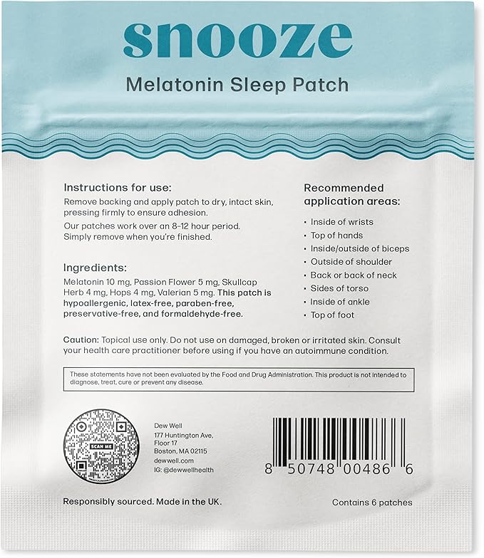 6 Pack Snooze Melatonin Sleep Patches – Wearable, No Latex, Easy to Use – Supports Natural Sleep