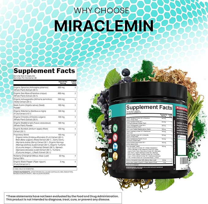 Clean Nutra Sea Moss Capsules with Ashwagandha, Black Seed Oil, Burdock Root, Bladderwrack, Moringa, Chlorella, Spirulina, Turmeric, Elderberry, Amla – 90 Vegan Capsules – MiracleMin