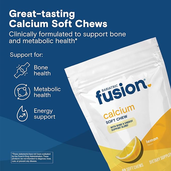 Bariatric Fusion Bariatric Calcium Chews | Calcium Citrate with Vitamin D3 Calcium Supplement Bariatric Vitamin | Sugar Free Calcium Citrate Chewable | Calcium Citrate 500mg | Lemon | 60 Count