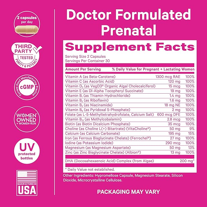 Pink Stork Total Prenatal Vitamins with DHA, Folate, Iron, Choline, and Vitamin B12 - Preconception Nutrition - Prenatals for Women, Pregnancy Must Haves - Mint Essence, 180 Capsules, 3 Month Supply